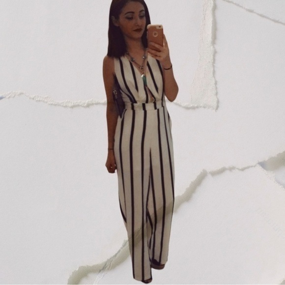 Black and white, striped low, cut jumpsuit - Picture 3 of 4